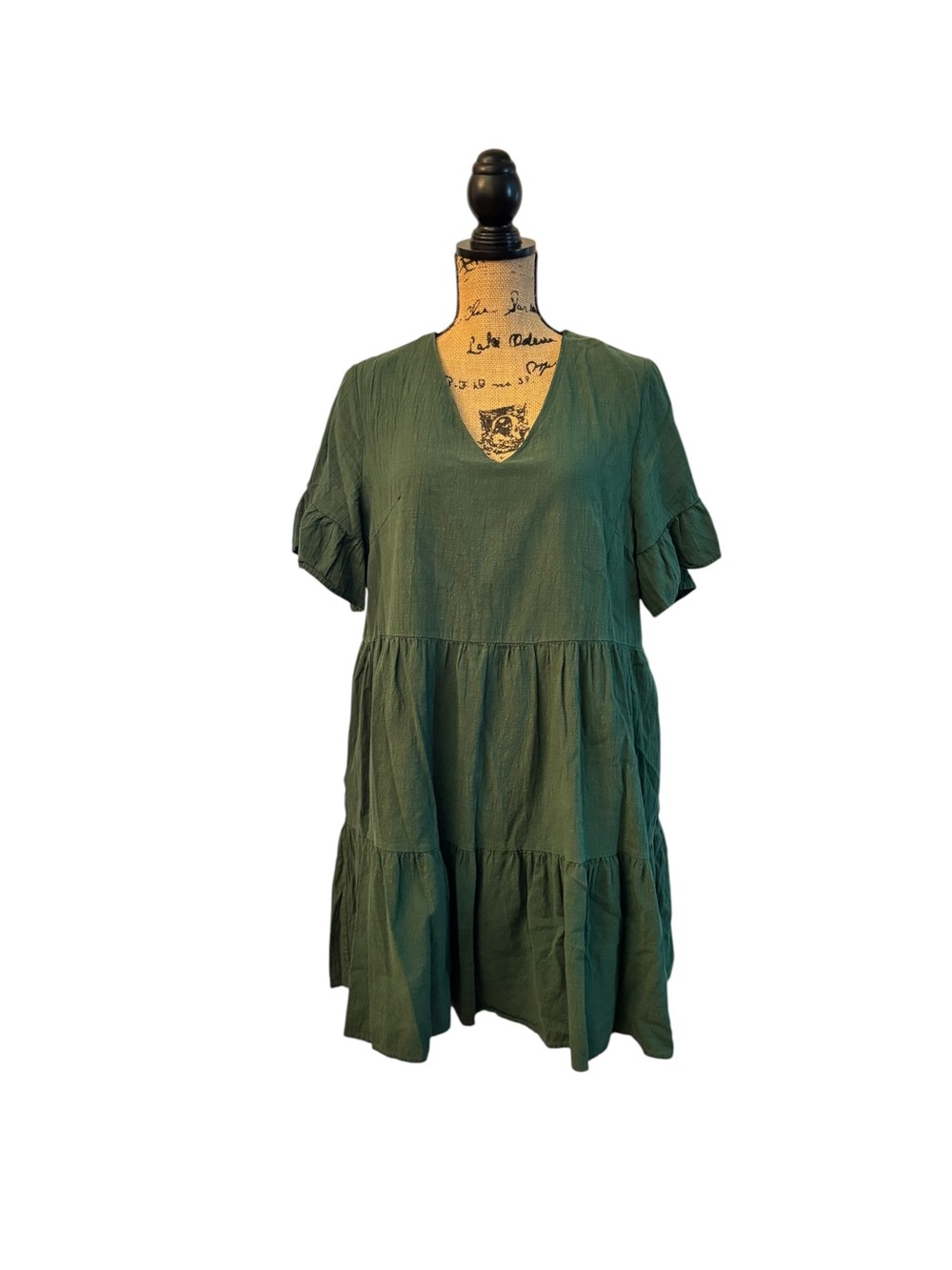 Fancyinn Olive Green V-Neck Tiered Mini Dress XL